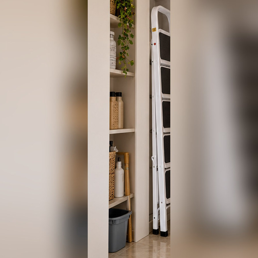The ladder is tucked behind the door