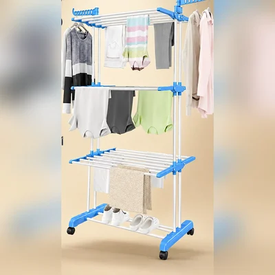 3-tier, foldable, space-saving vertical laundry rack with wheels for easy movement and side wings for large spreading capacity