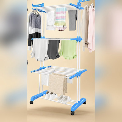 3-tier, foldable, space-saving vertical laundry rack with wheels for easy movement and side wings for large spreading capacity