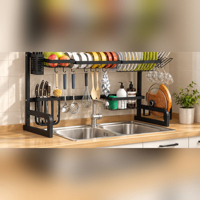 Space-saving over-the-sink dish drying rack, adjustable in length and height, with holders to organize kitchen utensils