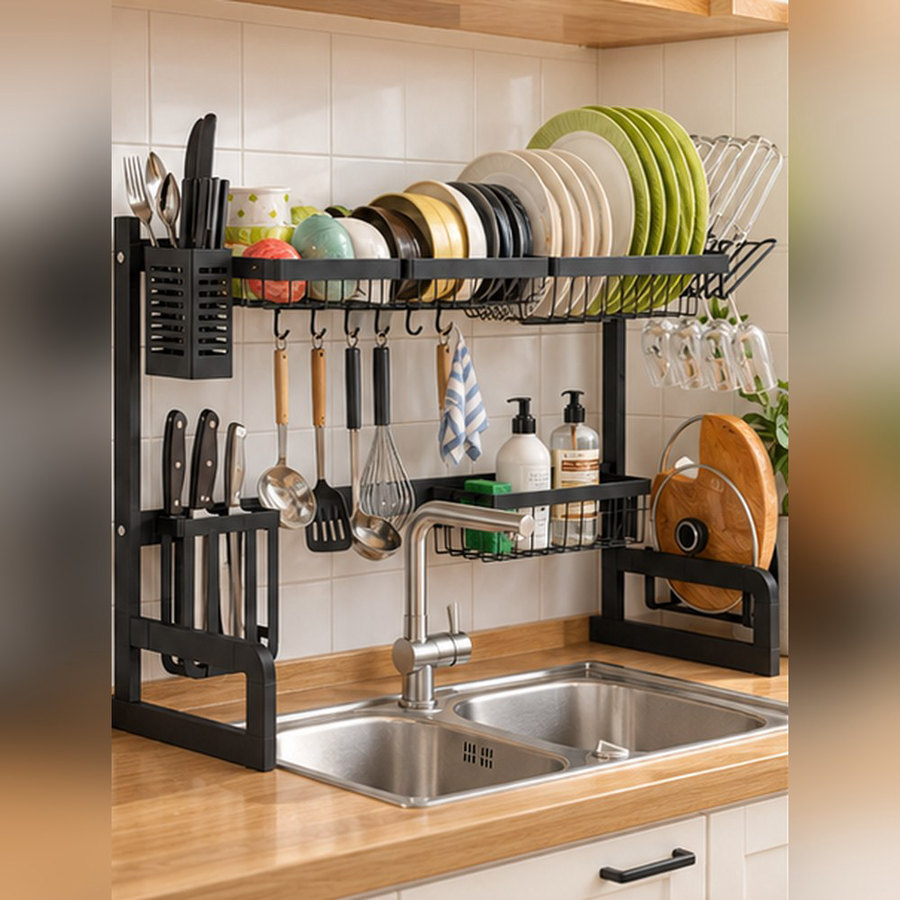The shelf has two levels and the dishes are arranged on it