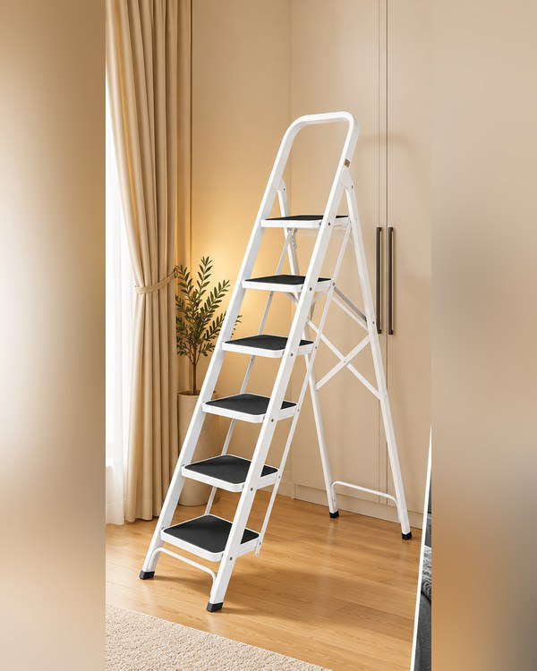 The ladder is in front of the cupboard