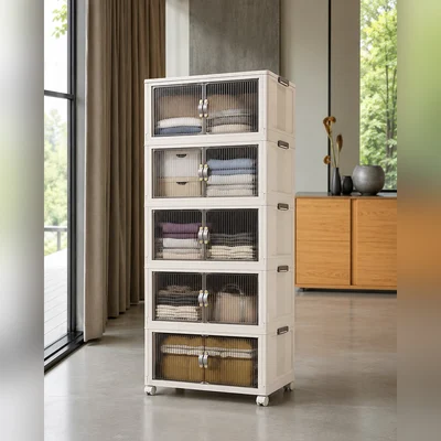 A multi-purpose, foldable storage cabinet with transparent doors and wheels to save space and ease of movement