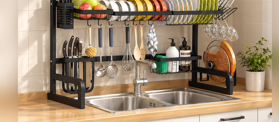 Dish drying rack in the kitchen