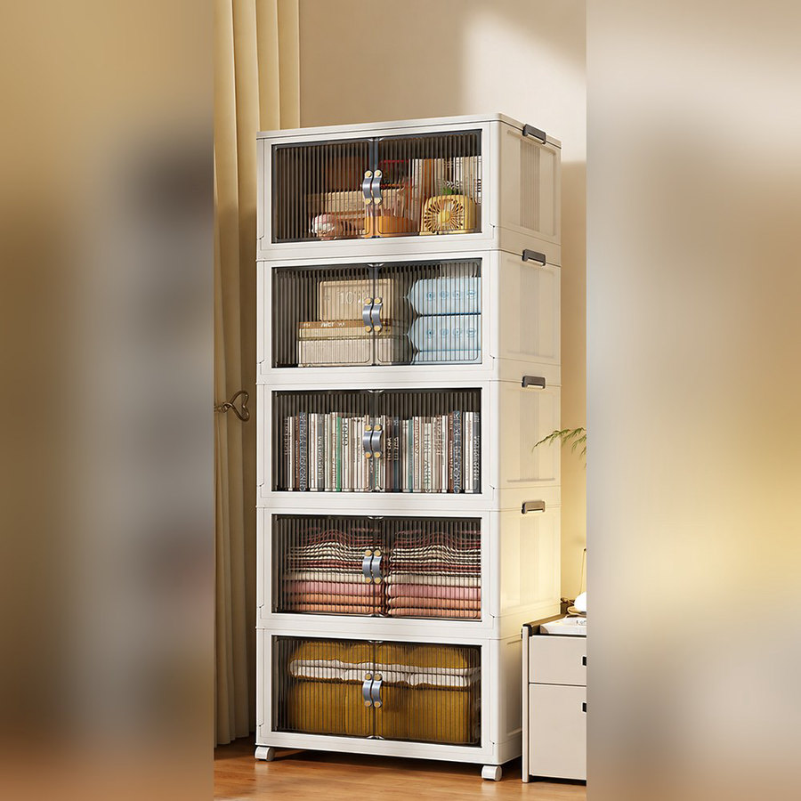 The cupboard and the things are arranged inside it