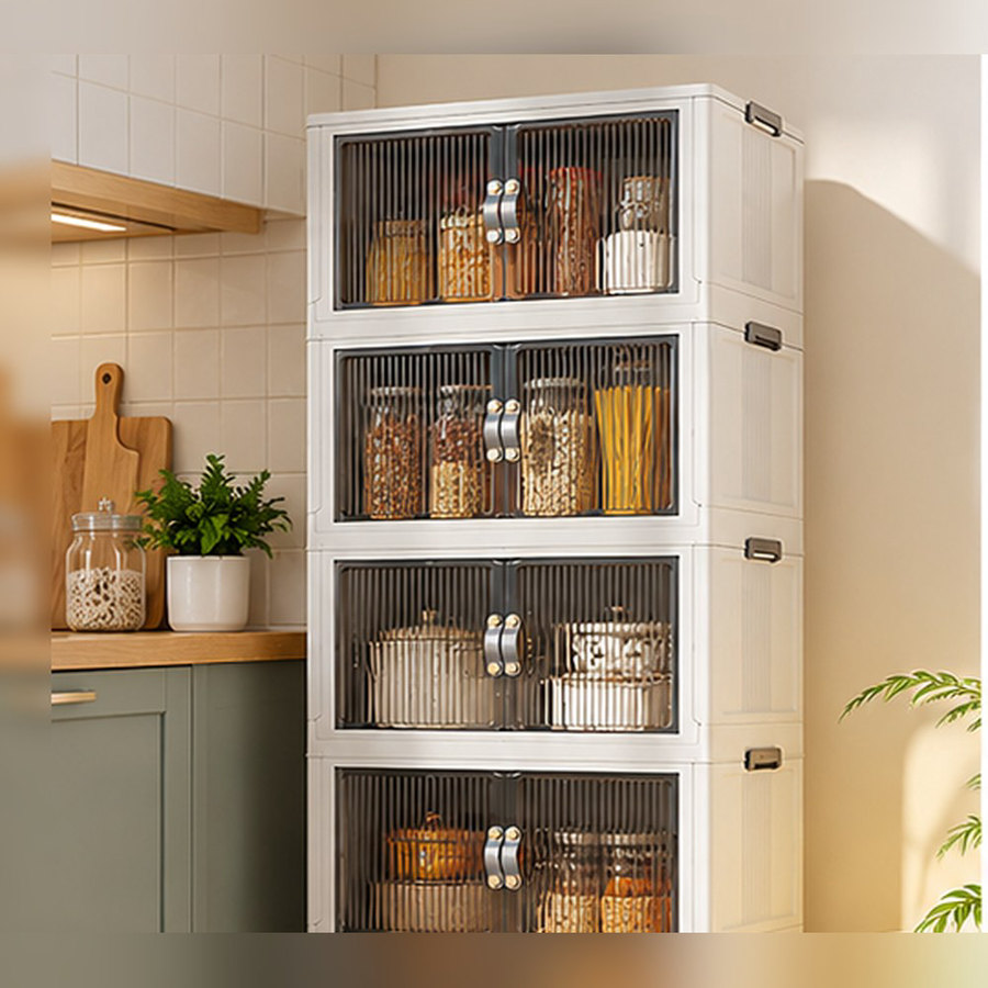 Kitchen containers behind transparent doors
