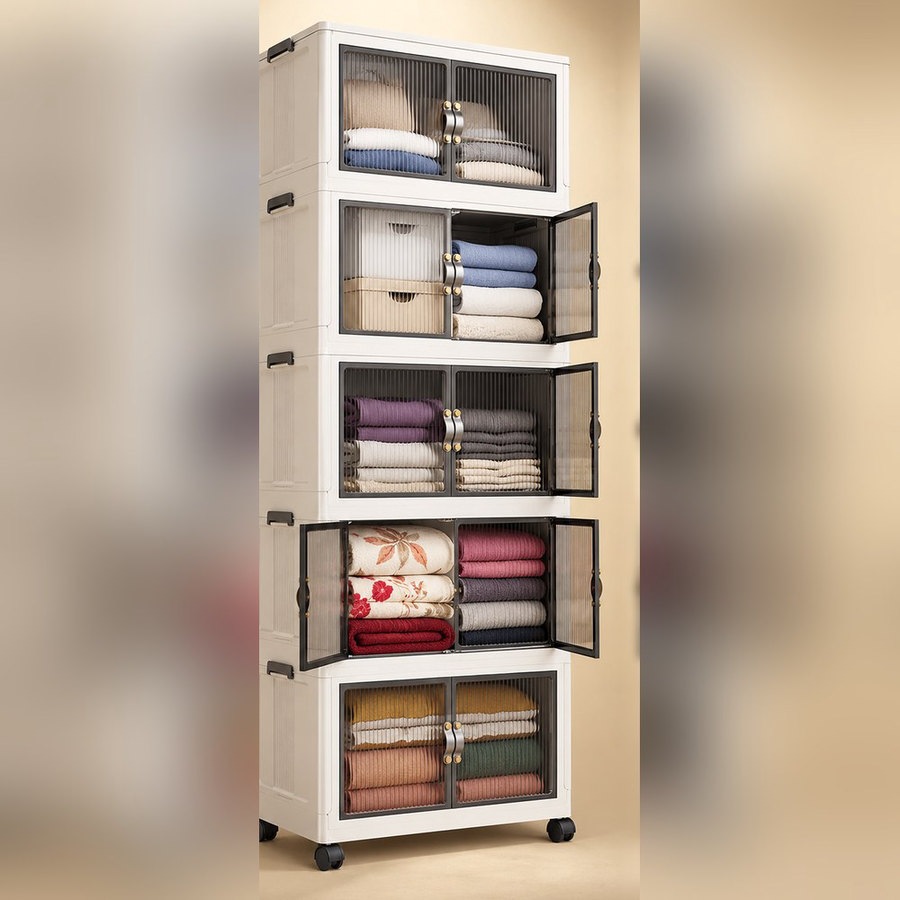 The closet and its transparent doors are open