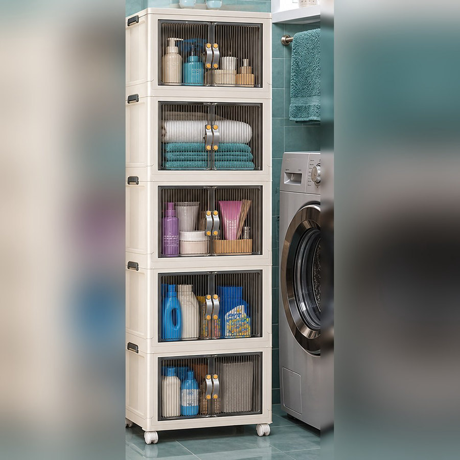 The cupboard is in the bathroom next to the washing machine