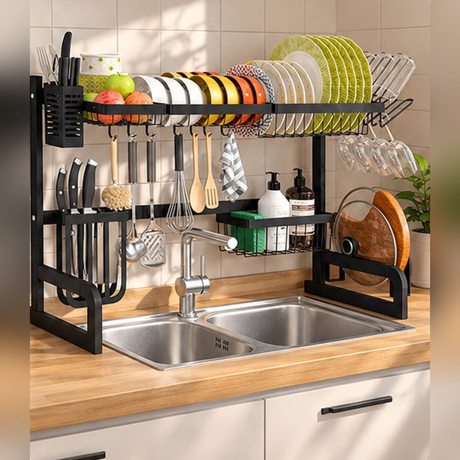 The shelf is installed above the sink